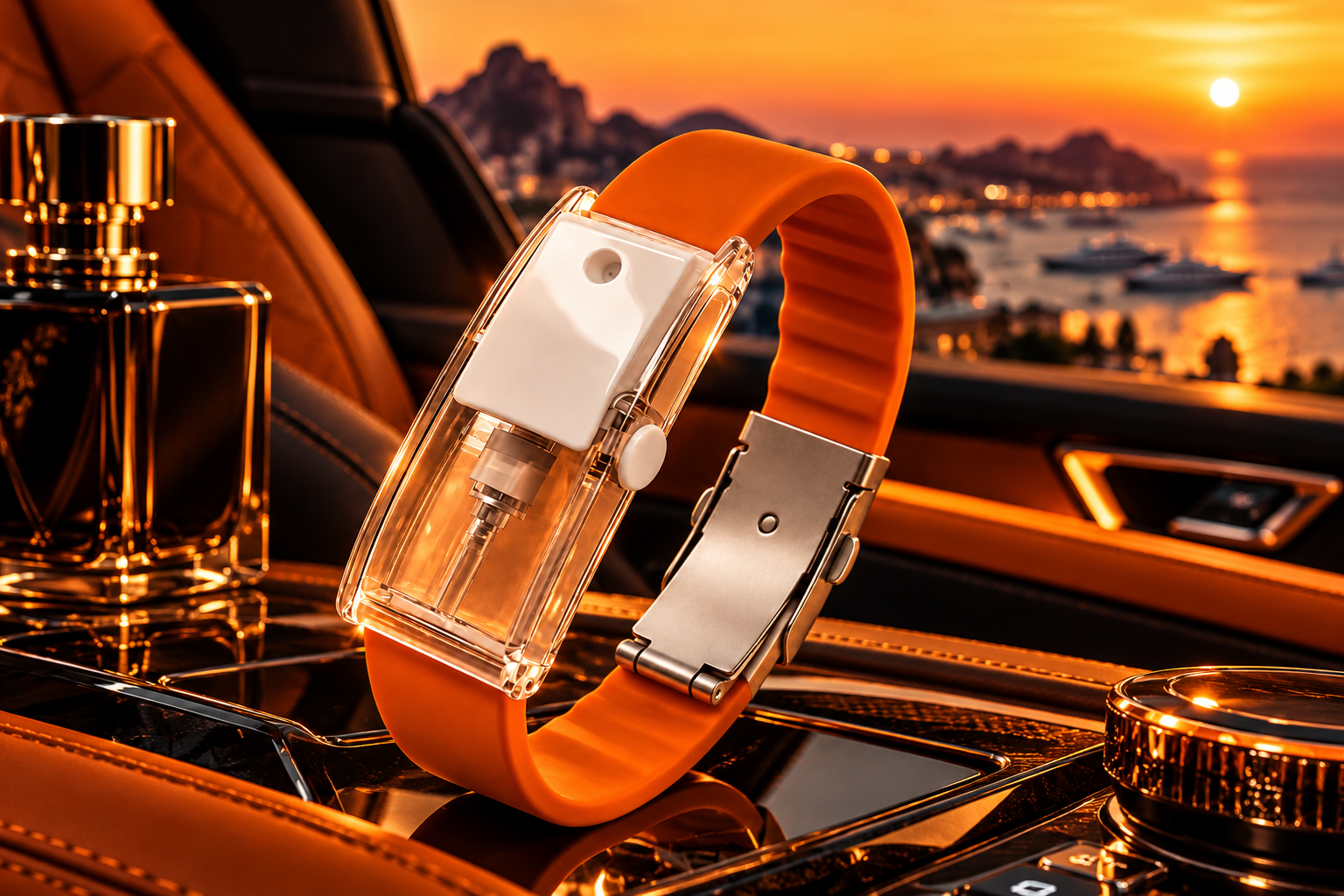 luxury orange perfume wristband in a sunset car