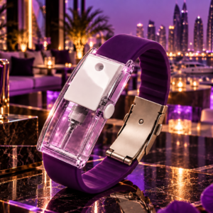 luxury purple wristband perfume in a rooftop lounge