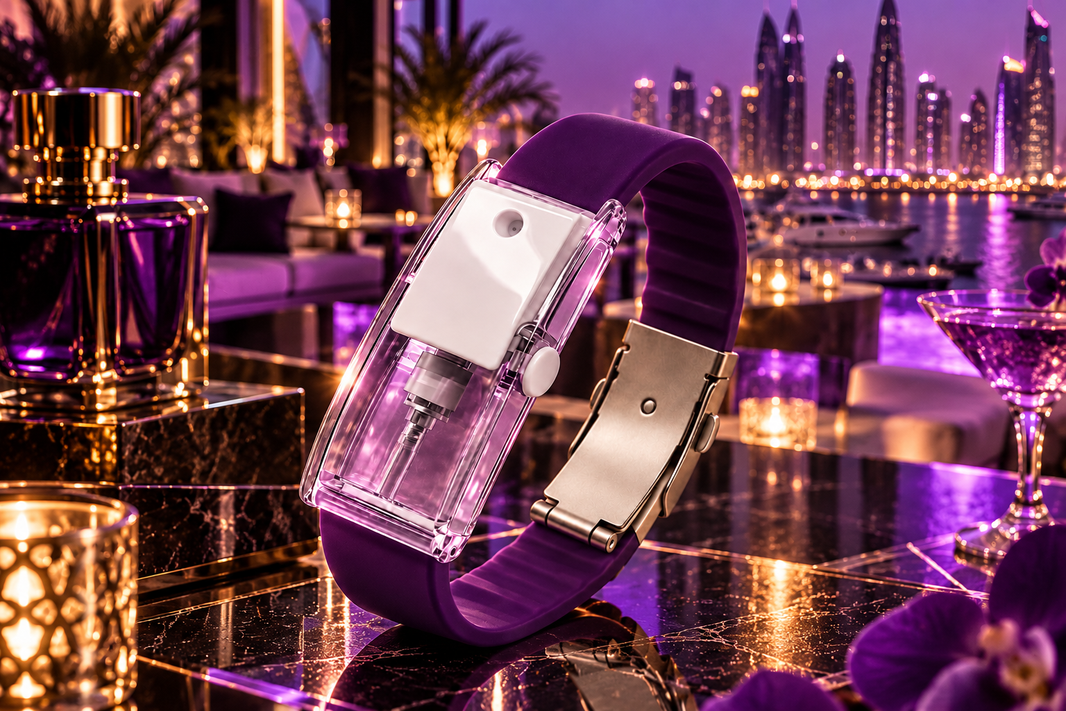 luxury purple wristband perfume in a rooftop lounge