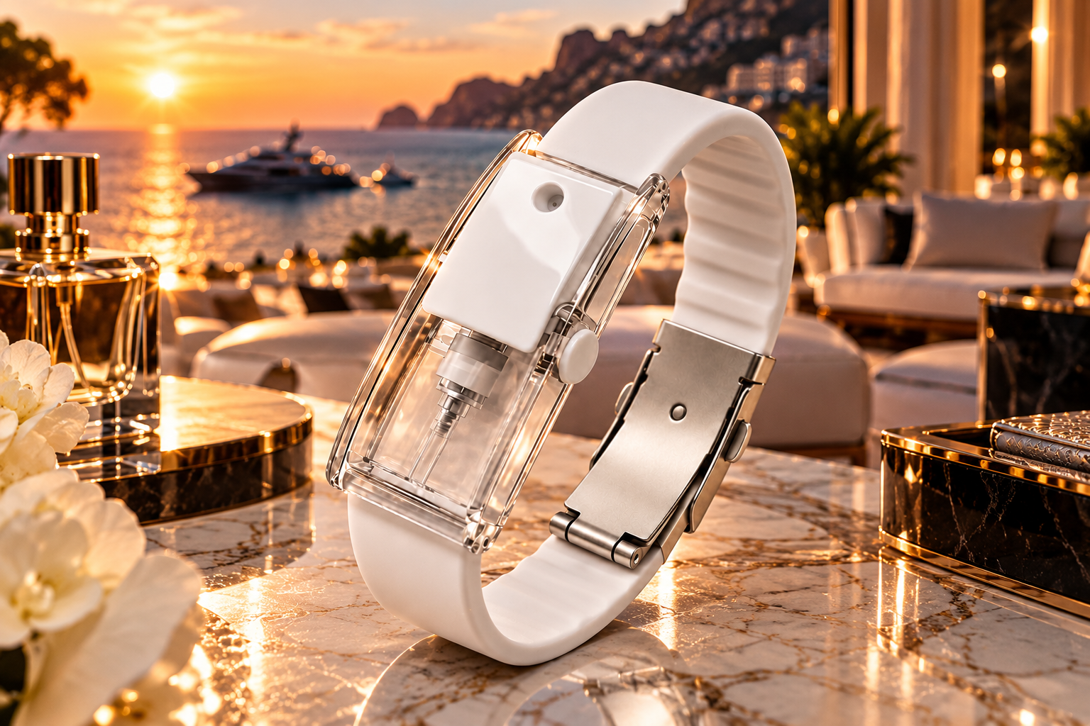 white luxury perfume wearable at sunset
